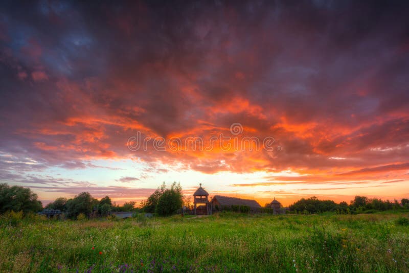 Beautiful sunset over the settlement of Trade Factory in Pruszcz Gdanski, Poland