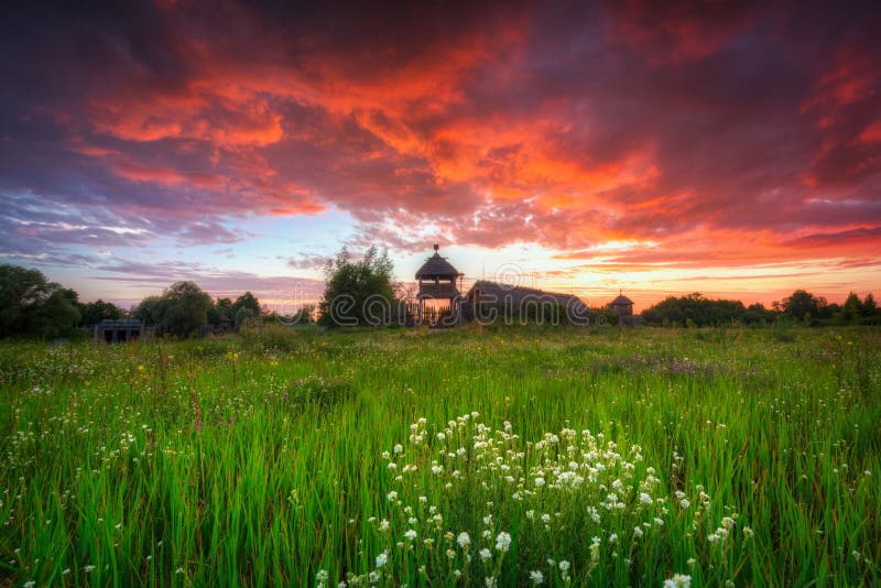 Beautiful sunset over the settlement of Trade Factory in Pruszcz Gdanski, Poland