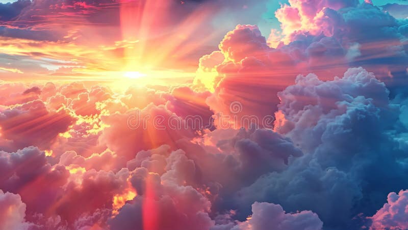 Beautiful sunset over vibrant clouds with rays of sunlight shining through at twilight stock illustration