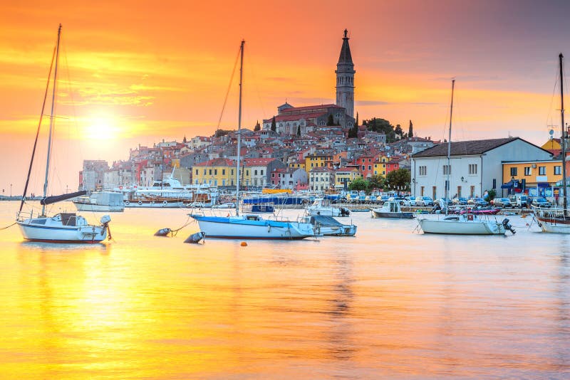 Beautiful sunset with Rovinj harbor,Istria region,Croatia,Europe