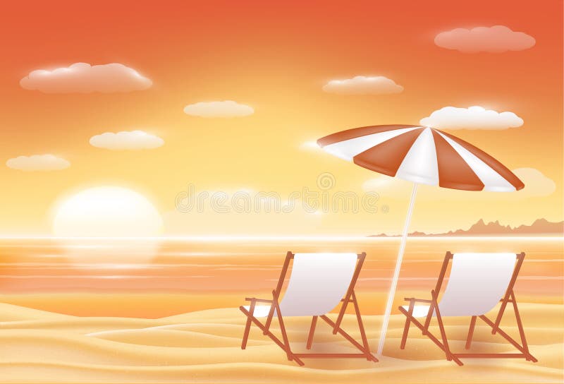 Beautiful Sunset Sea Sand Beach Scene With Beach Chair Stock Vector