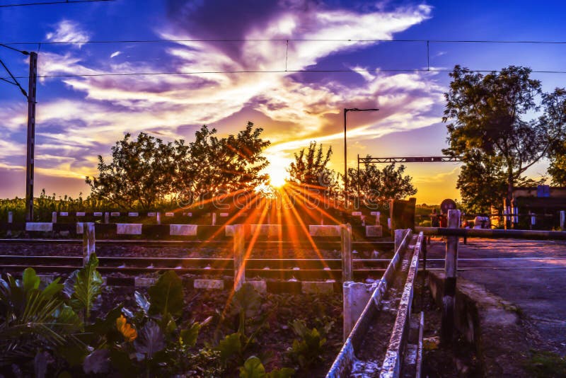 Beautiful sunset sky over railway tracks. royalty free stock photos Beautiful sunset sky over railway tracks. royalty free stock photos