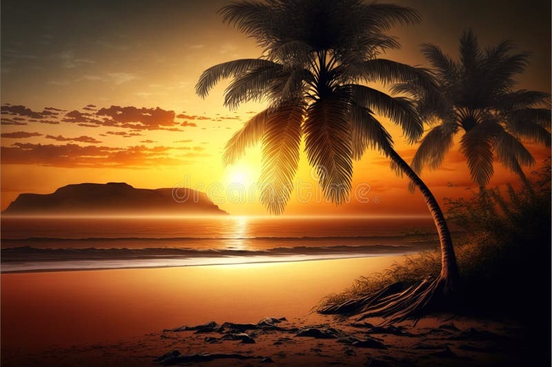 Beautiful sunset on a tropical island, with palm trees lining the beach, AI-generated. stock illustration