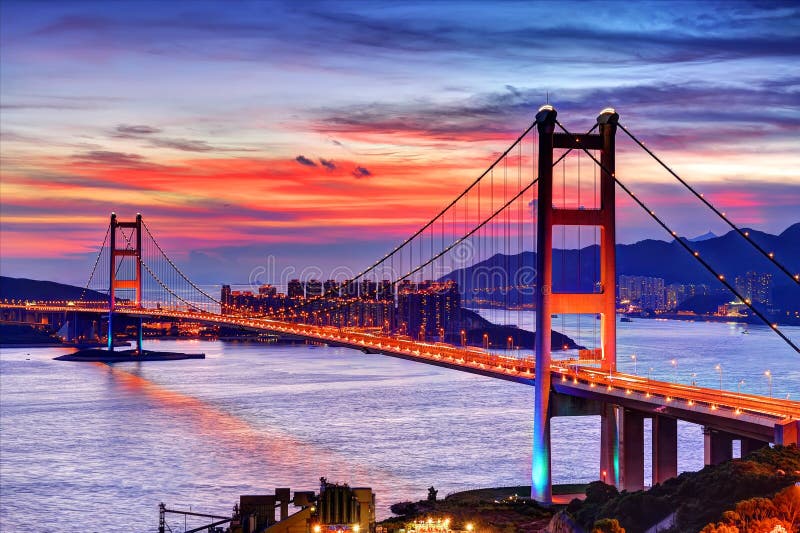 Beautiful sunset with Tsing Ma Bridge