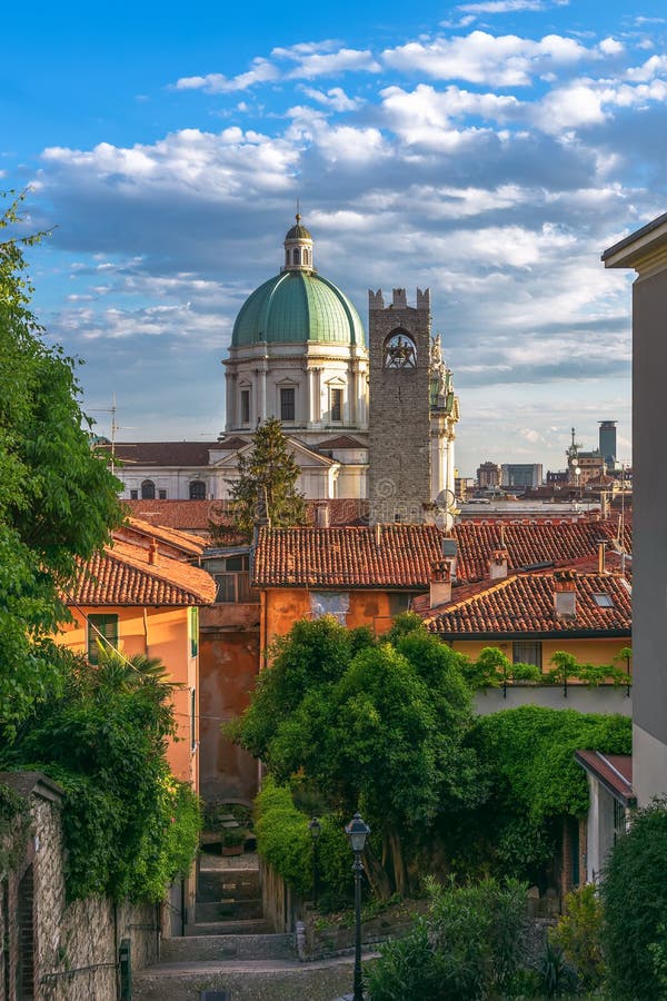 Beautiful Sunset View Of The Duomo Cupola Over The Town Brescia Stock ...