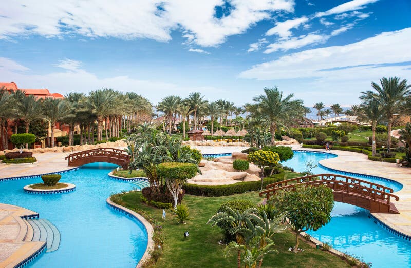 Beautiful swimming pool with wooden bridges in sunny weather.