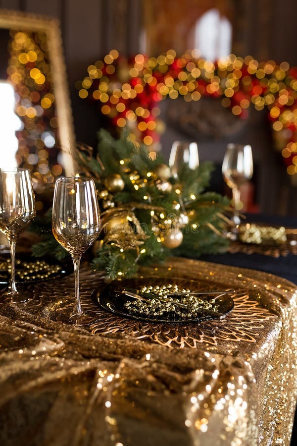 Beautiful Table Setting with Christmas Decorations in Living Room Stock