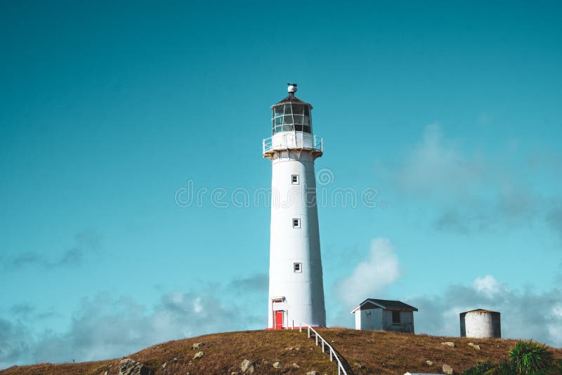 A beautiful tall white Cape Egmont Lighthouse