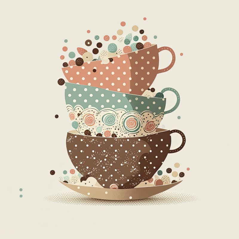 Beautiful Tea Cups with Floral Elements on Flat Background. Generative