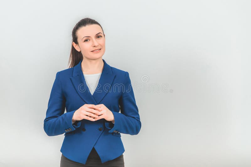 Beautiful Teacher Standing, Raising Her Hands, Holding Palms Opened for ...