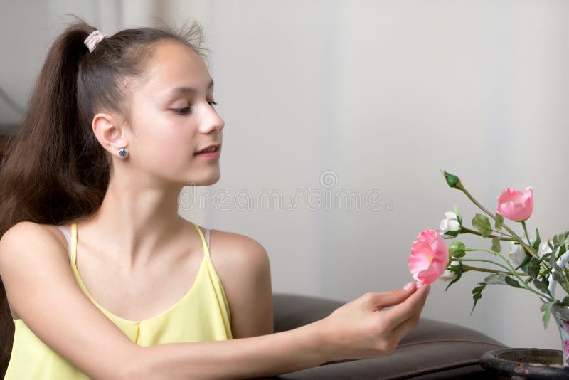 American teen girl with bouquet