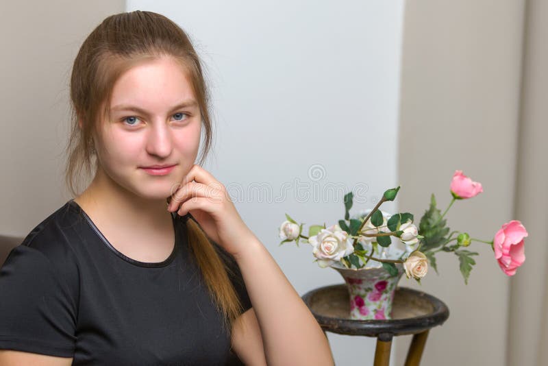 American teen girl with bouquet