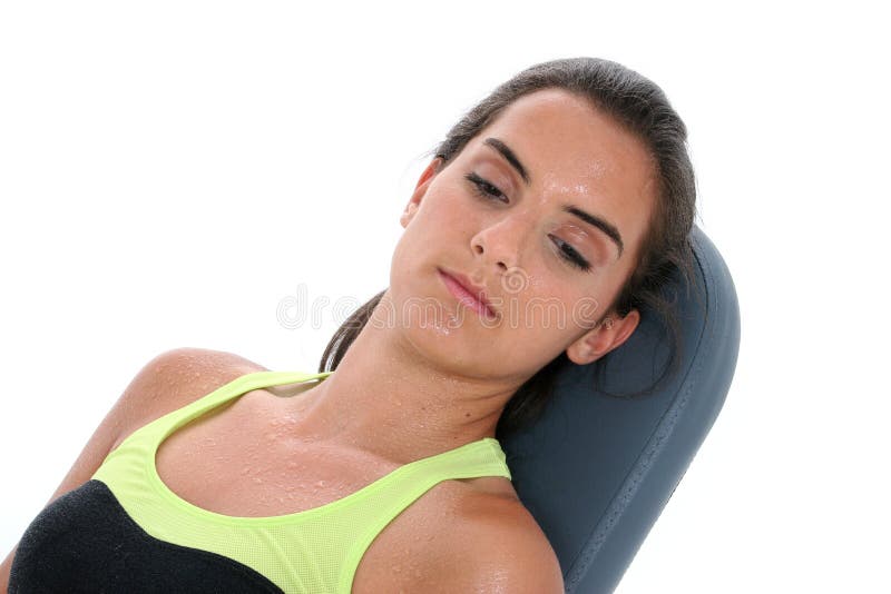 Beautiful Teen Girl Sweating Resting On Workout Bench Stock Image