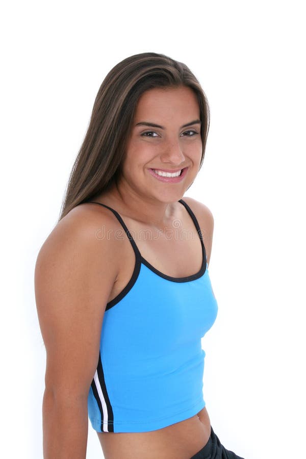 Beautiful dark haired tan teen girl in workout clothes over white. Shot with the Canon 20D. Beautiful dark haired tan teen girl in workout clothes over white. Shot with the Canon 20D.