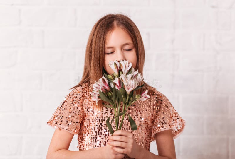 American teen girl with bouquet