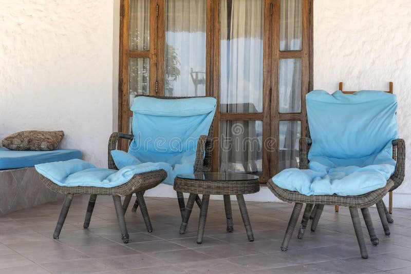 Beautiful terrace with two deck chair near tropical beach near the sea of Zanzibar island, Tanzania, East Africa