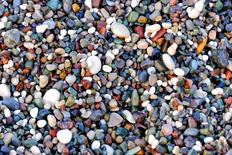 Beautiful texture of wet multicolored pebbles on the sea shore, a unique pattern for design, background, wallpaper royalty free stock image