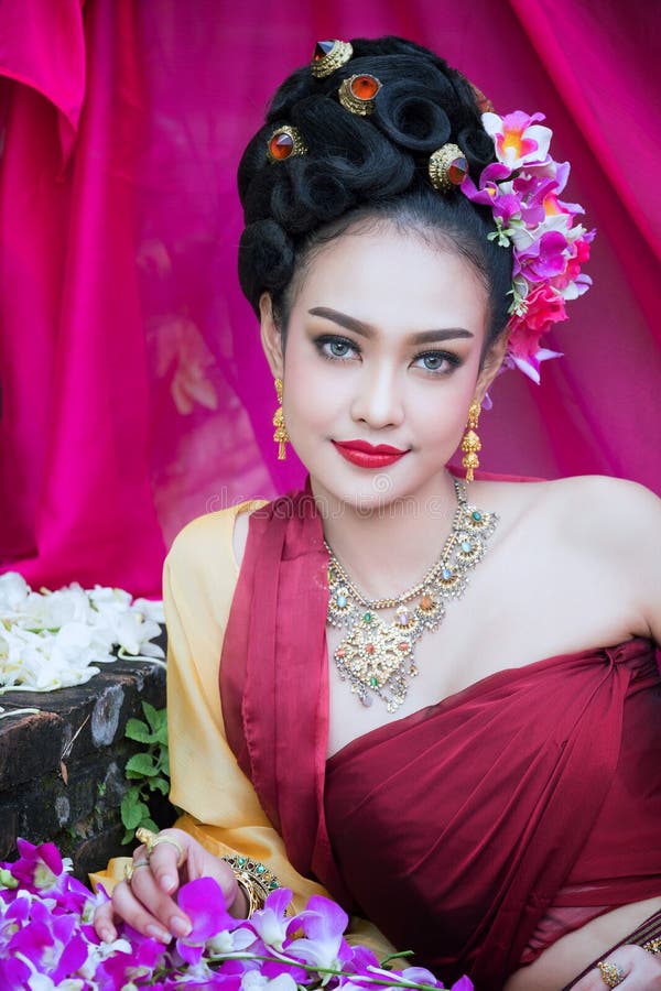 Beautiful Thai Girl In Traditional Dress Costume In Choeng Tha A Stock Image Image Of Face