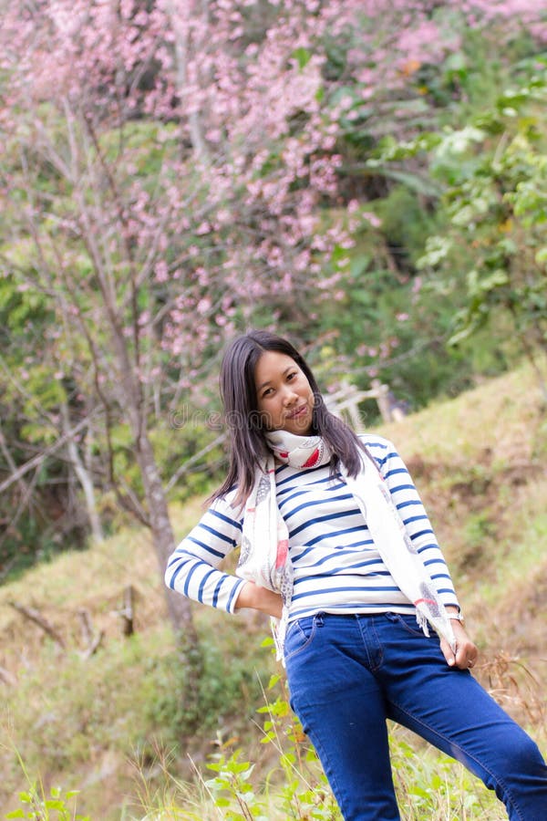 Beautiful Thai Woman With Wild Himalayan Cherry Portrait Rimlight