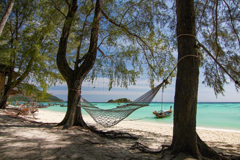 Beautiful Thailand travel island Koh Lipe white sand beach with rope cradle at pine tree and sunny blue sky landscape background