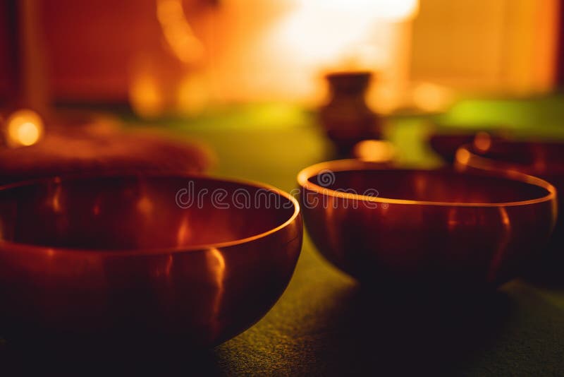 Beautiful Tibetan Bowl, Ceremonial Space. Stock Photo Image of bronze