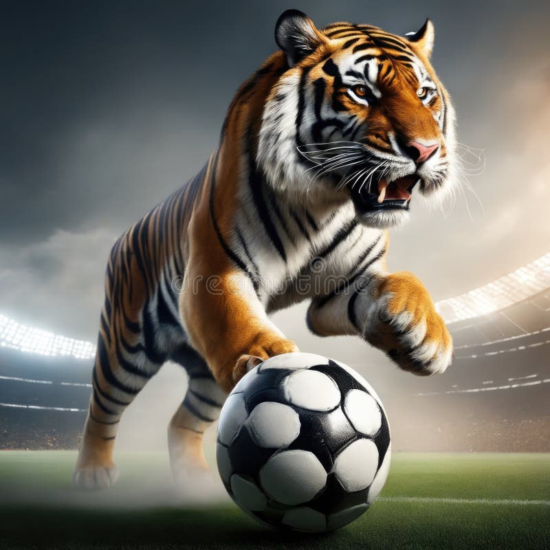 Beautiful tiger with soccer ball, furious tiger in stadium background.