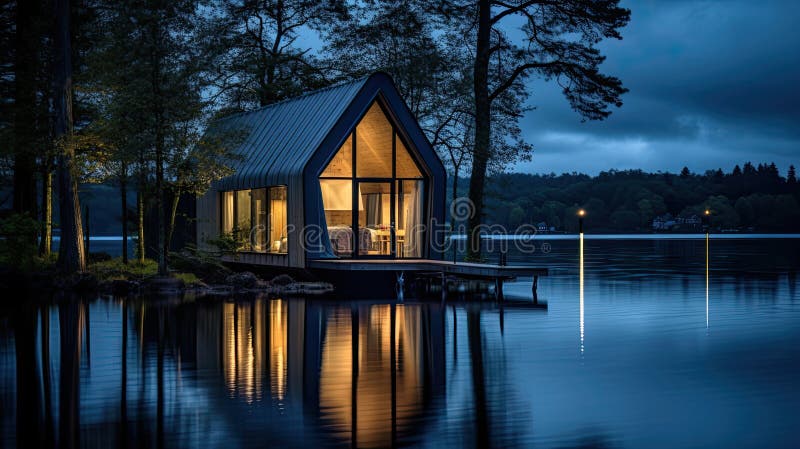 A beautiful tiny house in the middle of the lake in Sweden that looks like a blue orchid with beautiful modern curved interior