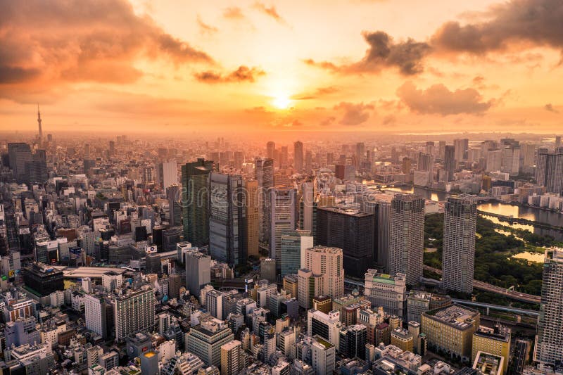 Aerial Drone Photo - Skyline of the of Tokyo, Japan at Sunrise. Asia Stock Photo Image of cityscape, 156524510
