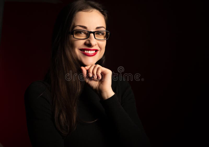 Beautiful Toothy Smiling Happy Business Woman With Red Lipstick Looking