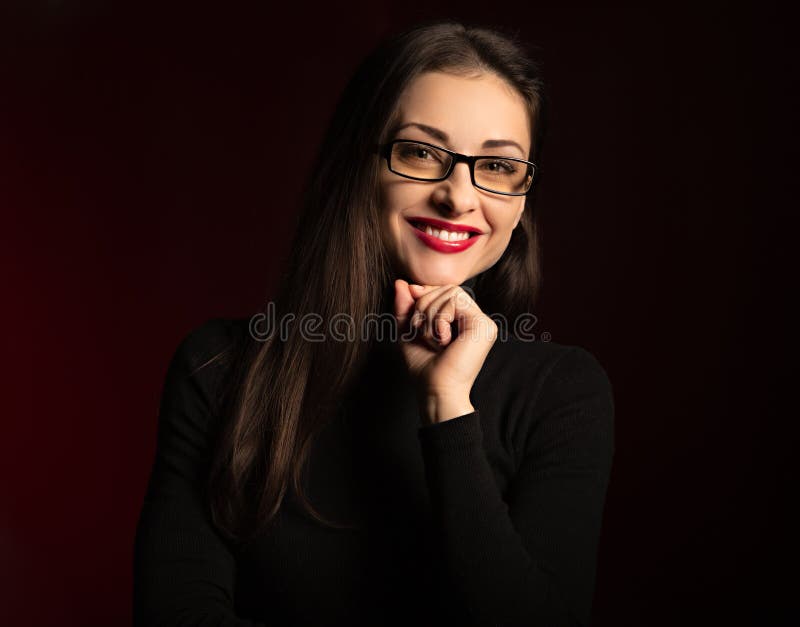 Beautiful Toothy Smiling Happy Business Woman With Red Lipstick Looking