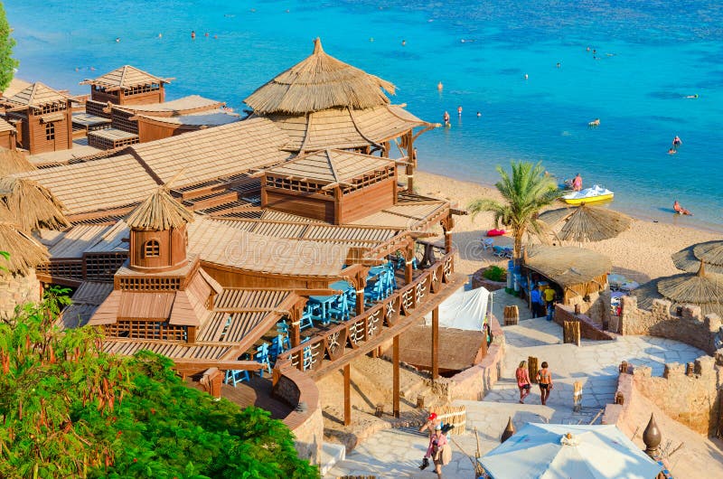 Beautiful top view of popular cafe on Red Sea coast in Ras Um Sid bay in Hadaba district  Sharm El Sheikh  Egypt