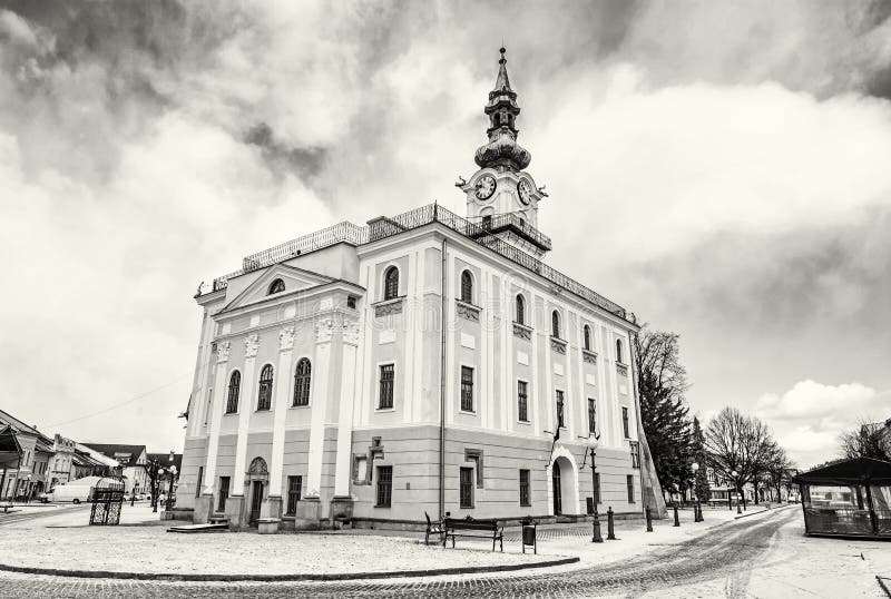 Beautiful town hall in main square, Kezmarok, Slovakia, colorless