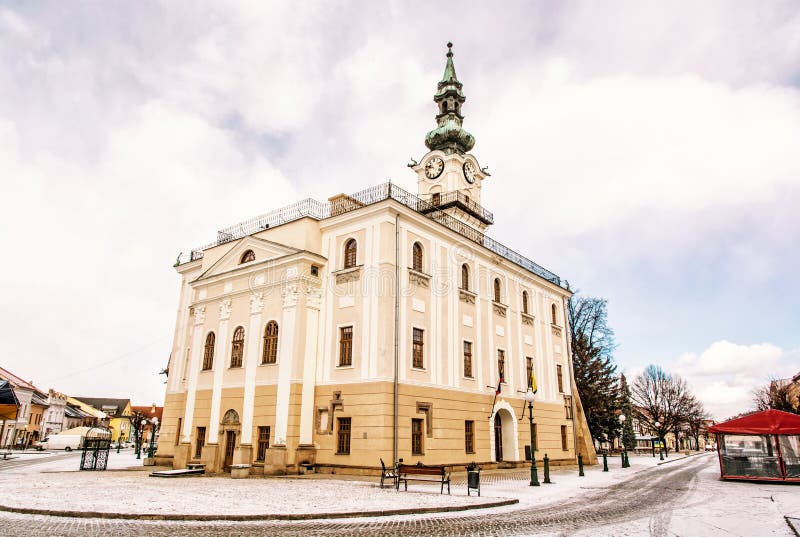 Beautiful town hall in main square, Kezmarok, Slovakia, yellow f