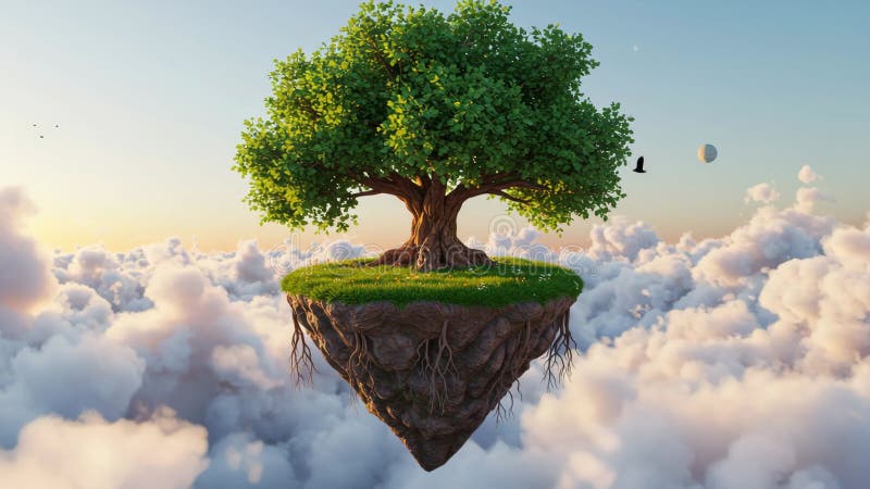 Beautiful tree on floating island surrounded by clouds in fantasy world stock illustration