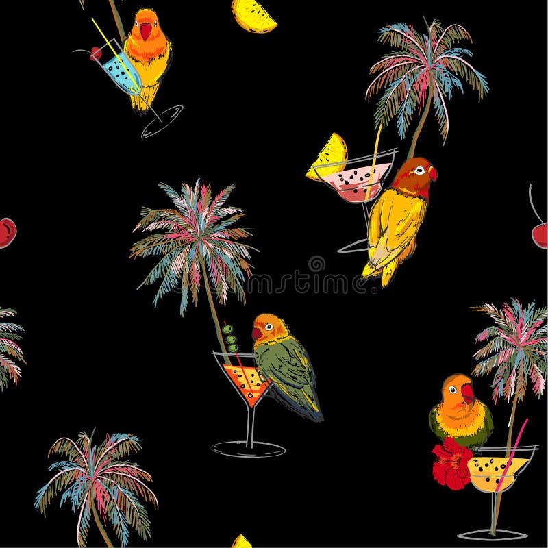 Beautiful trendy Dark Tropical in colorful seamless pattern. Hand drawn palm trees, cocktail, pink parrots bird, summer birds royalty free illustration Beautiful trendy Dark Tropical in colorful seamless pattern. Hand drawn palm trees, cocktail, pink parrots bird, summer birds royalty free illustration