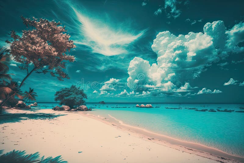 Beautiful Tropical Beach With Blue Sky And White Clouds Illustration Ai Generative Stock