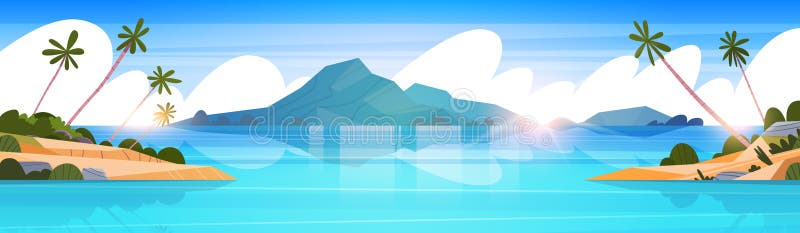 Beautiful Tropical Beach Landscape Summer Seaside With Palm Tree And Silhouette Mountains Horizontal Banner