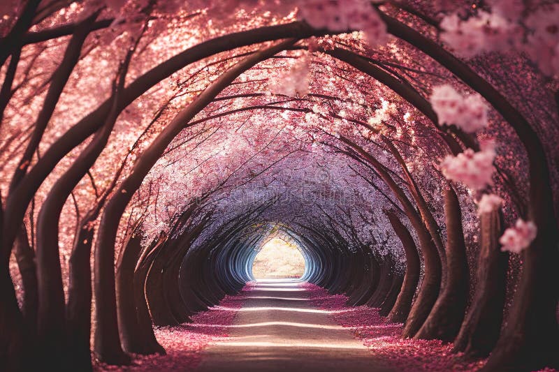 A Beautiful Tunnel of Cherry Blossom Trees. Generative AI Stock