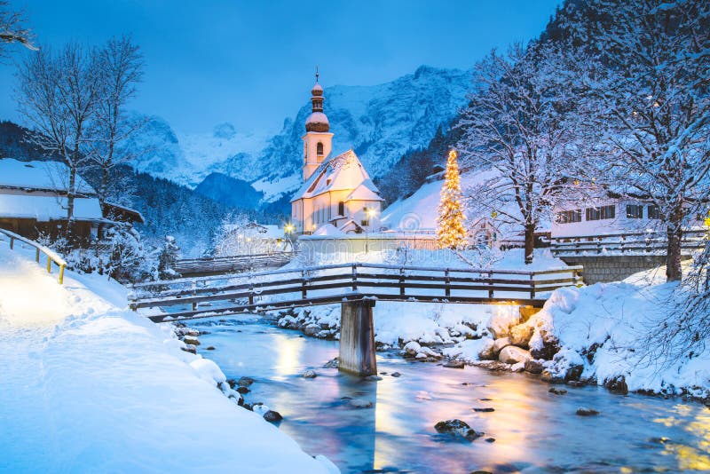 Church of Ramsau in winter twilight, Bavaria, Germany