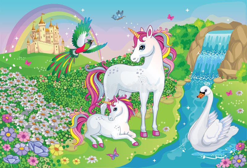 Beautiful unicorns and Swan. Fairytale background with flower meadow, castle for princess, rainbow, lake. Landscape wallpaper.