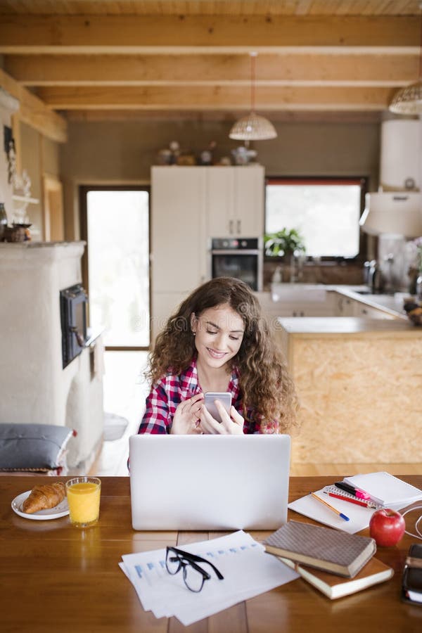 A beautiful university student is writing her thesis on a laptop, sitting at home on the couch. stock images