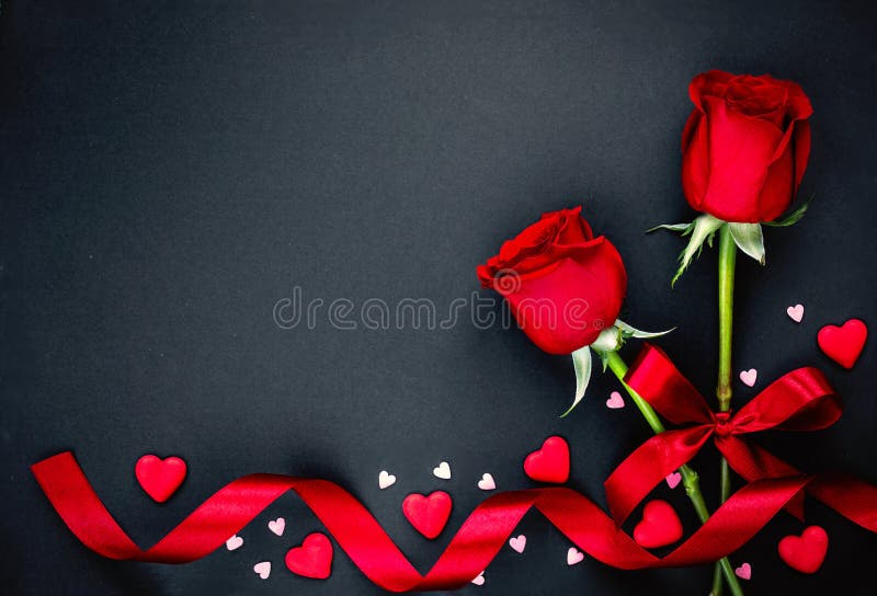 Beautiful Valentines Day Background with Red Roses and Hearts on Black  Background. Flat Lay, Copy Space Stock Image - Image of empty, flower:  137238731