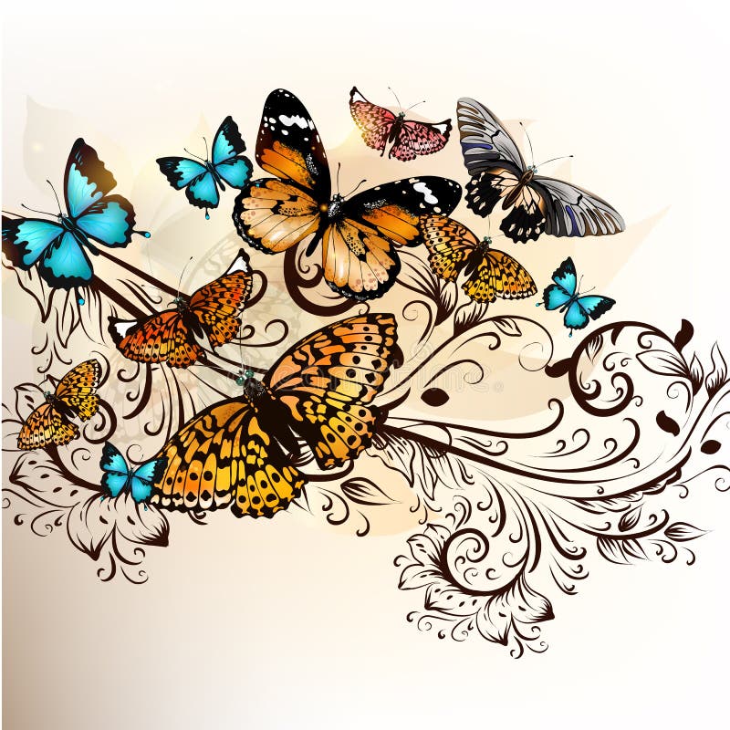 Beautiful vector background with butterflies and ornament