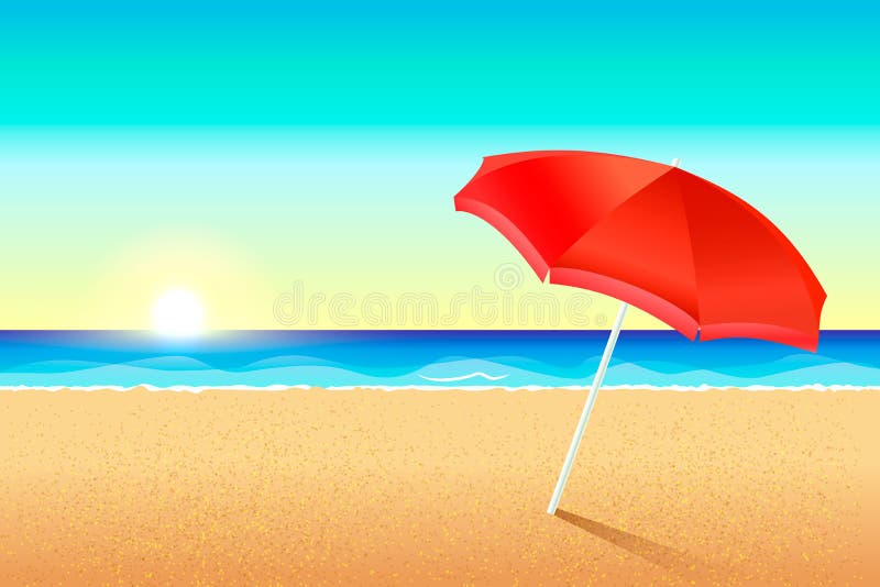 Beautiful vector beach. Sunset or dawn on the coast of the sea. A red umbrella stands in the sand. The sun sets over the stock illustration Beautiful vector beach. Sunset or dawn on the coast of the sea. A red umbrella stands in the sand. The sun sets over the stock illustration