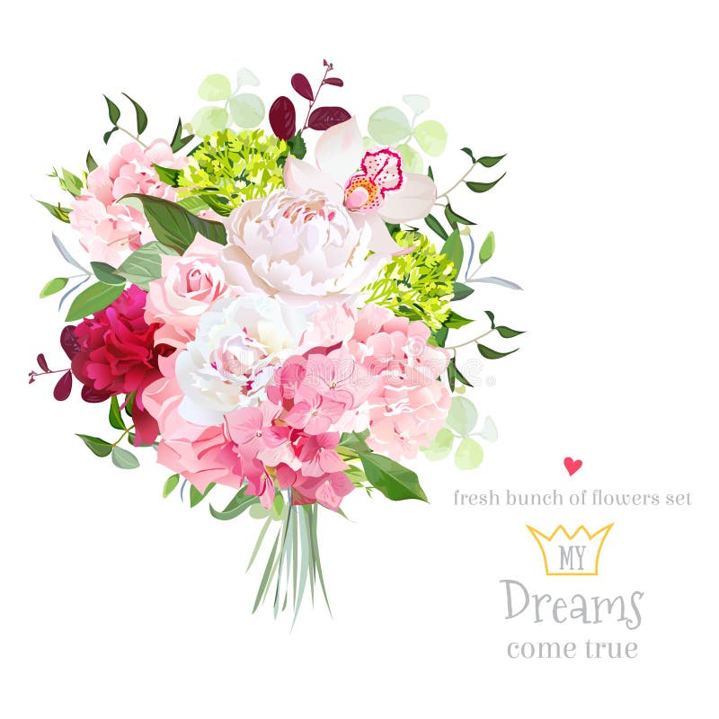 Beautiful vector bouquet with peony, rose, carnation, hydrangea, orchid, green plants on white vector design set.