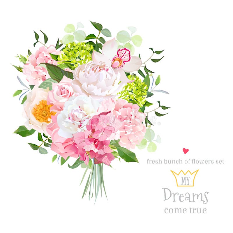 Beautiful vector bouquet with peony, rose, carnation, hydrangea, orchid, green plants on white vector design set