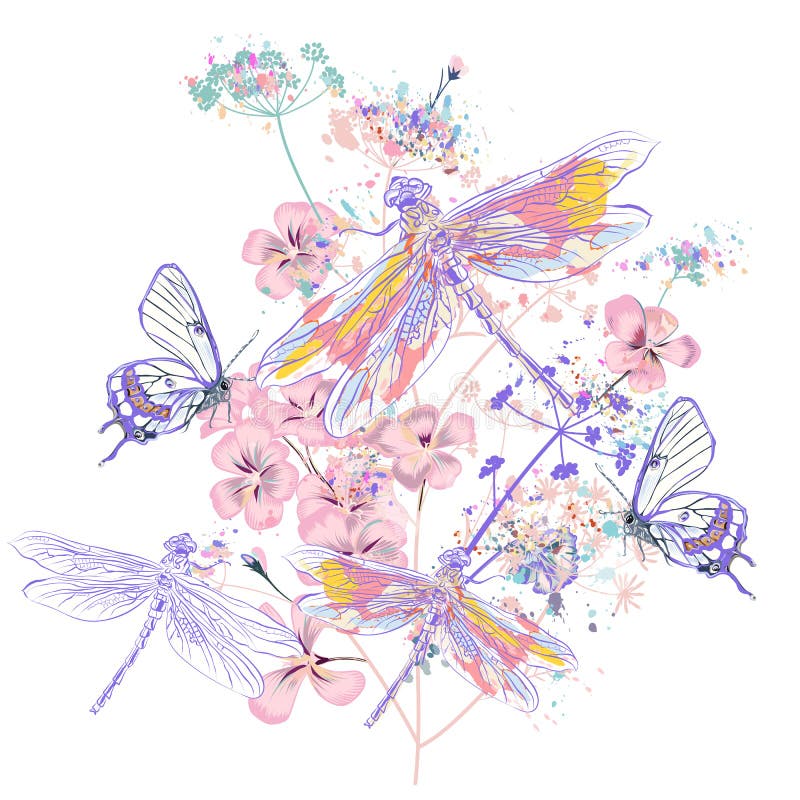 Beautiful vector illustration with flowers and dragonflies, spring time, vintage style