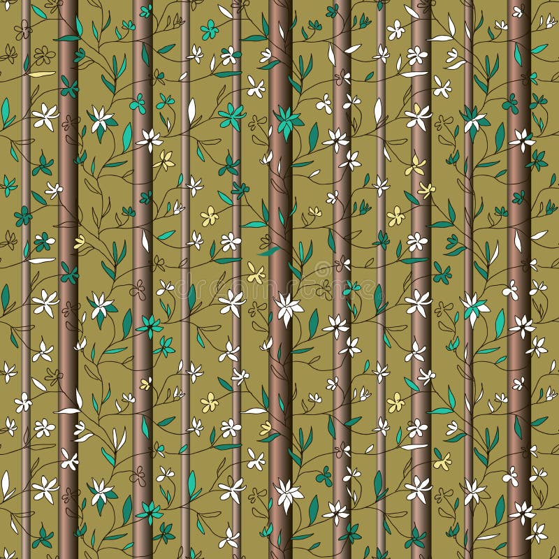 Hand drawn small flowers on branches with leaves and tree trunks on olive background vector illustration Hand drawn small flowers on branches with leaves and tree trunks on olive background vector illustration