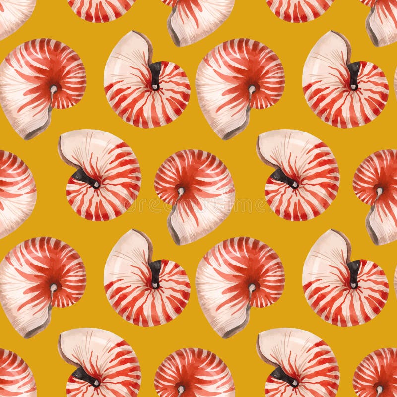Watercolor sea life nautilus shell vector pattern stock illustration