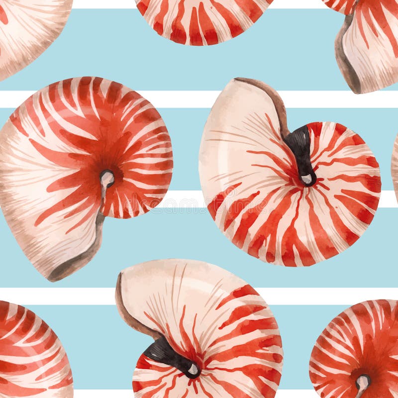 Watercolor sea life nautilus shell vector pattern royalty free illustration